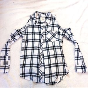 Arizona Jean Co. Plaid Cold Shoulder Button Up Top